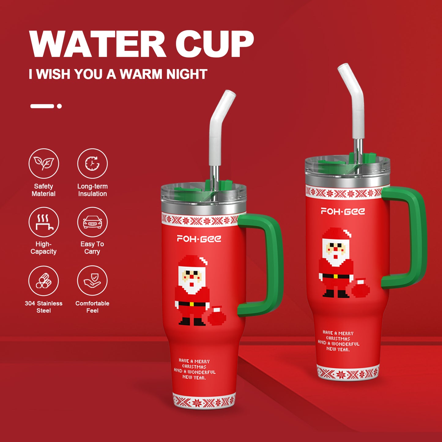 FOHGEE Christmas Style 40oz Stainless Steel Tumbler with Handle - Keep Drinks Cold & Hot All Season! (Red Santa)