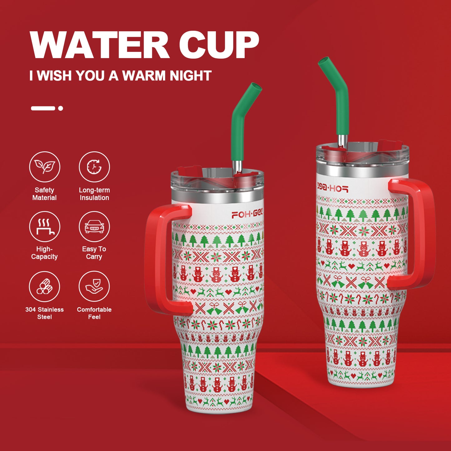 FOHGEE Christmas Style 40oz Stainless Steel Tumbler with Handle - Keep Drinks Cold & Hot All Season! (Stripes)