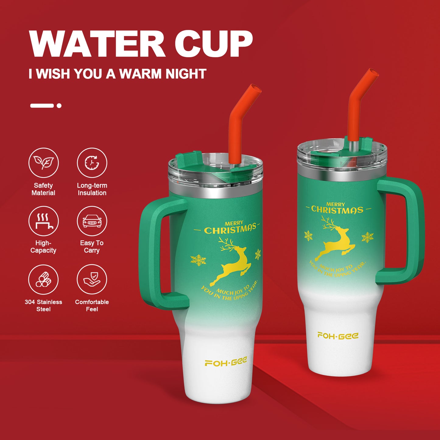 FOHGEE Christmas Style 30oz Stainless Steel Tumbler with Handle - Keep Drinks Cold & Hot All Season! (Green Reindeer)