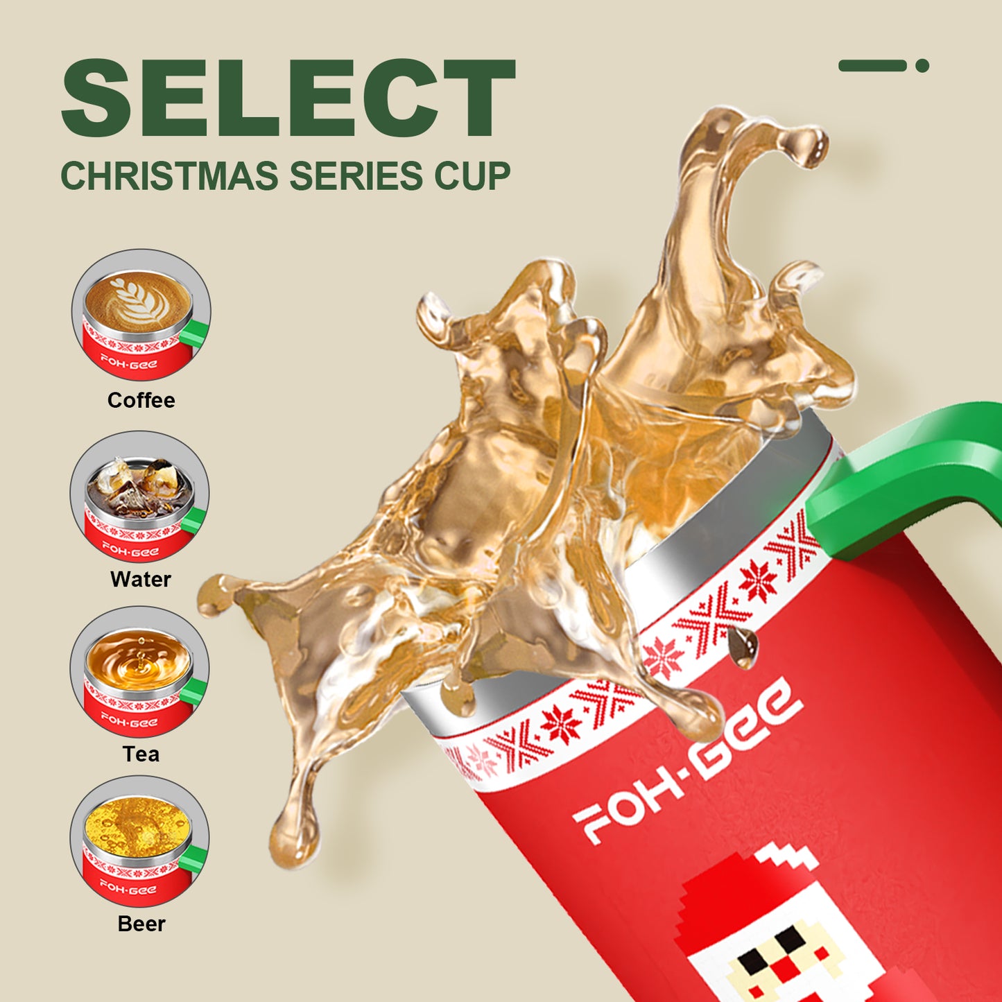FOHGEE Christmas Style 40oz Stainless Steel Tumbler with Handle - Keep Drinks Cold & Hot All Season! (Red Santa)