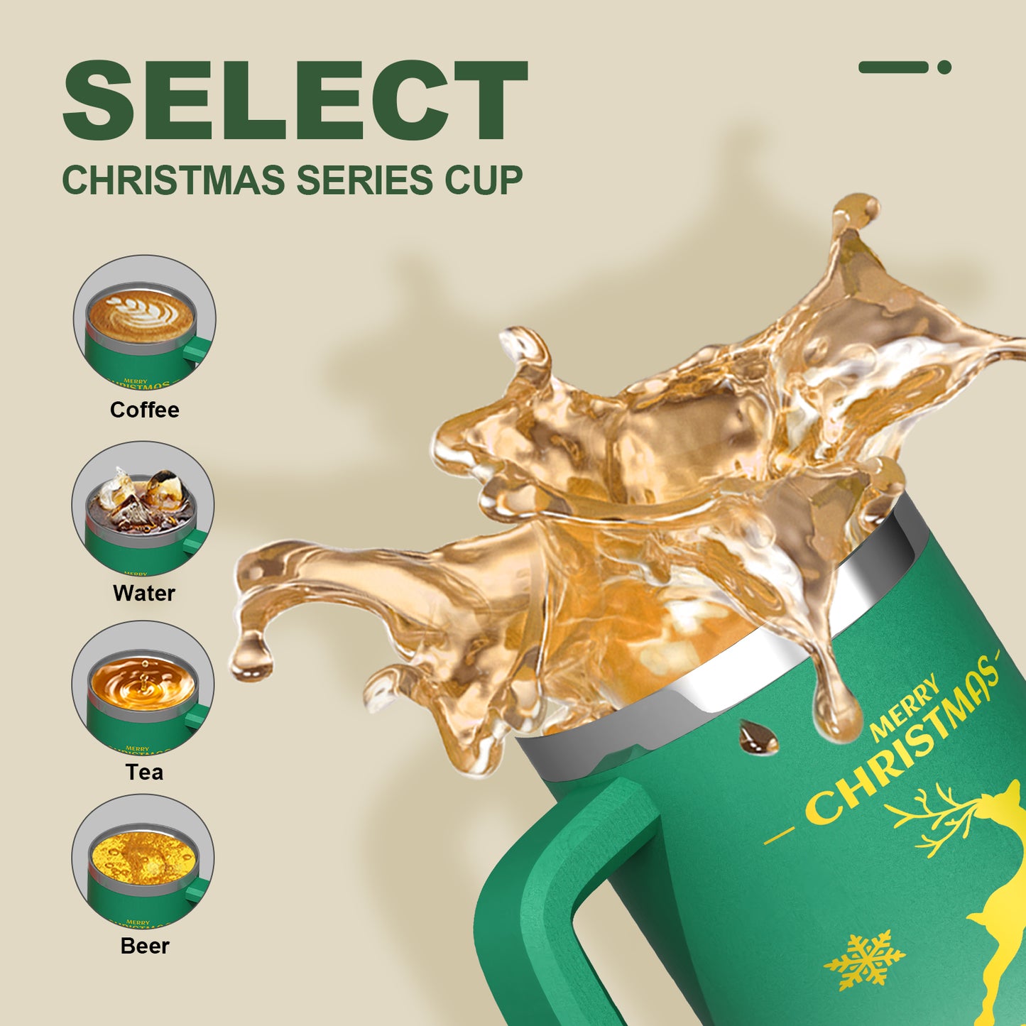 FOHGEE Christmas Style 30oz Stainless Steel Tumbler with Handle - Keep Drinks Cold & Hot All Season! (Green Reindeer)