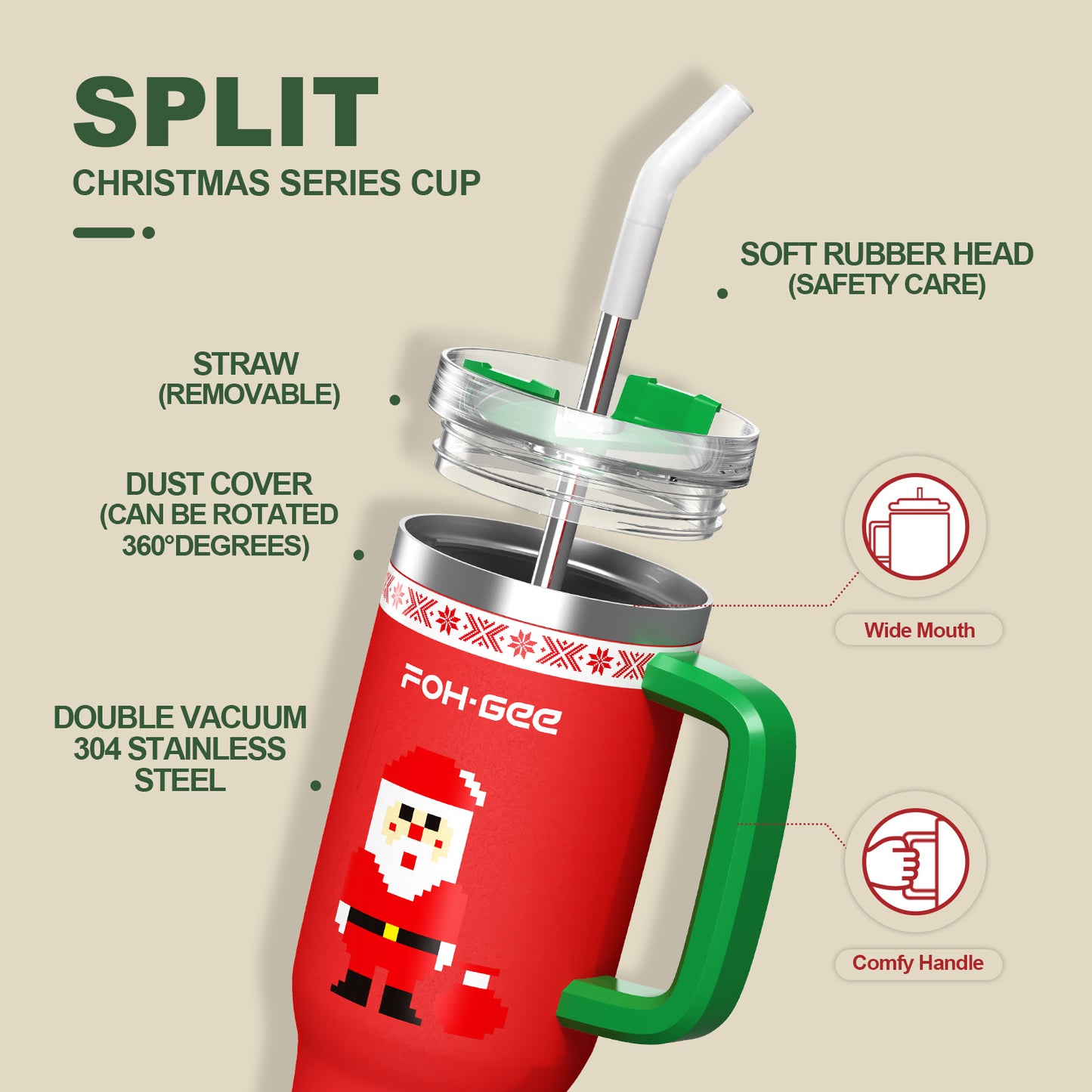 FOHGEE Christmas Style 40oz Stainless Steel Tumbler with Handle - Keep Drinks Cold & Hot All Season! (Red Santa)