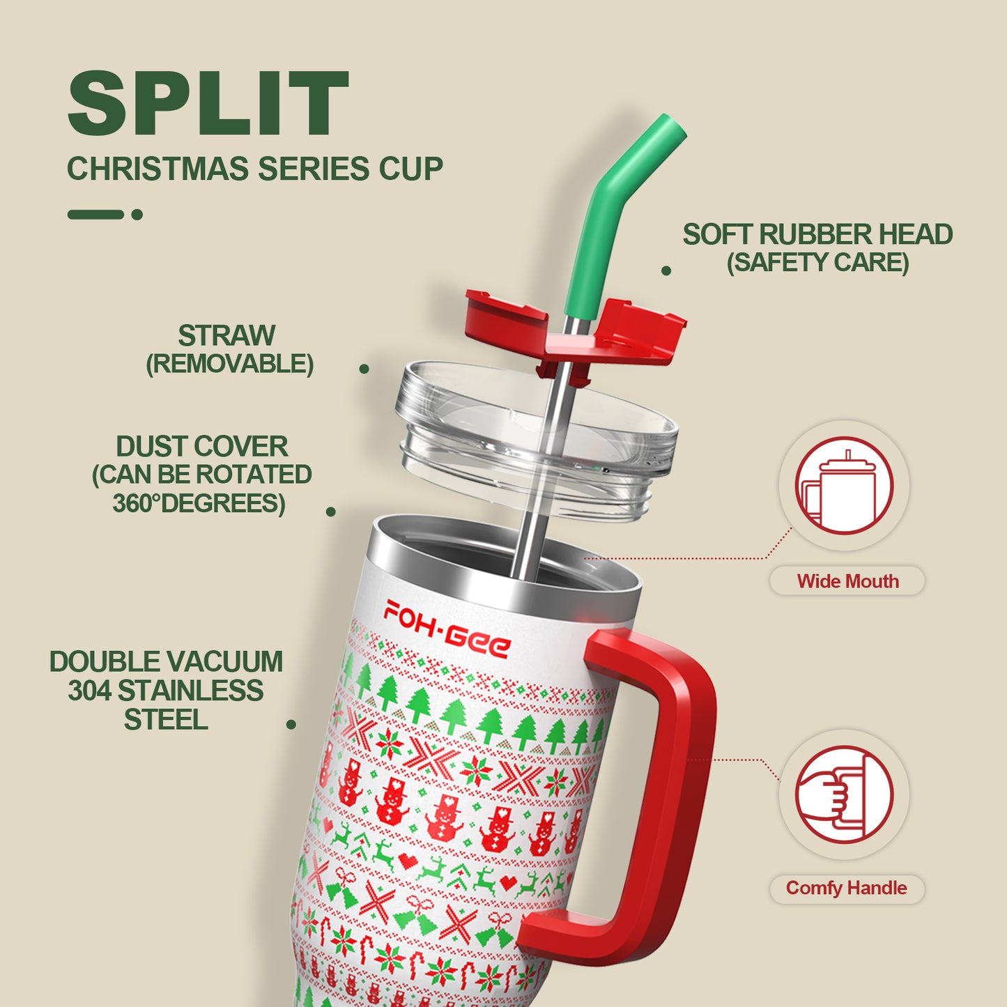 FOHGEE Christmas Style 40oz Stainless Steel Tumbler with Handle - Keep Drinks Cold & Hot All Season! (Stripes)