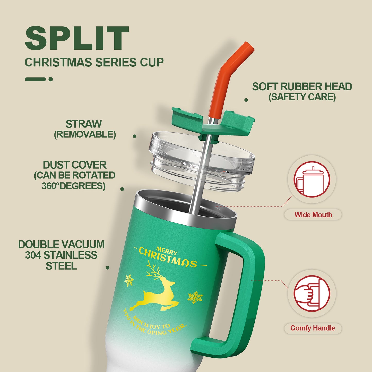 FOHGEE Christmas Style 30oz Stainless Steel Tumbler with Handle - Keep Drinks Cold & Hot All Season! (Green Reindeer)