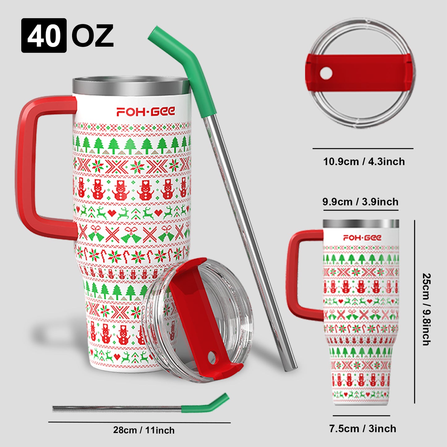 FOHGEE Christmas Style 40oz Stainless Steel Tumbler with Handle - Keep Drinks Cold & Hot All Season! (Stripes)