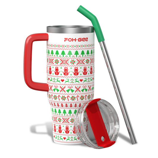 FOHGEE Christmas Style 40oz Stainless Steel Tumbler with Handle - Keep Drinks Cold & Hot All Season! (Stripes)